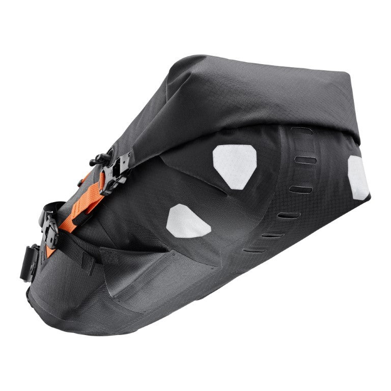 Underside view of the Ortlieb Seat-Pack showing reflective patches and attachment points for a light.